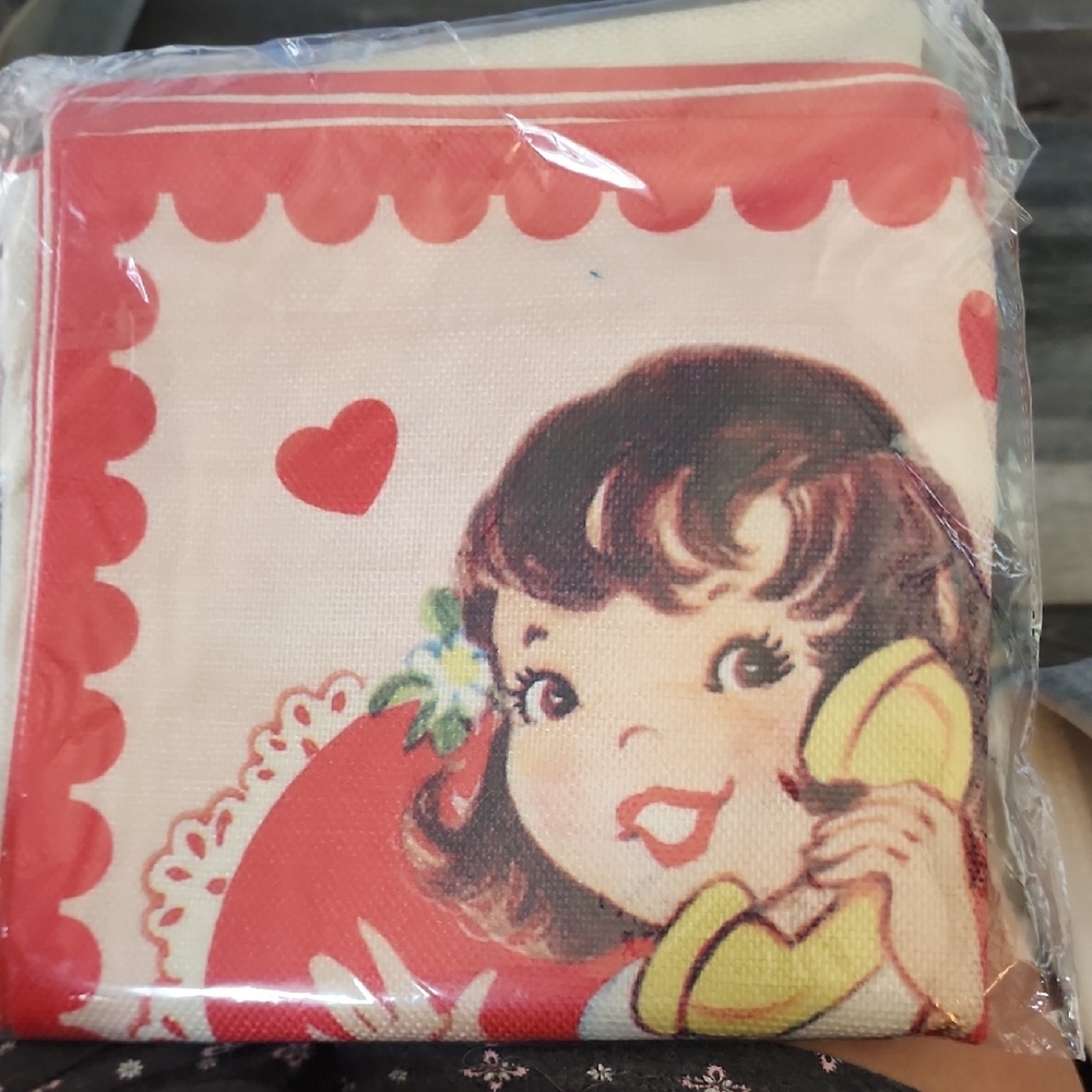 Vintage Style Handkerchief with Girl and Hearts